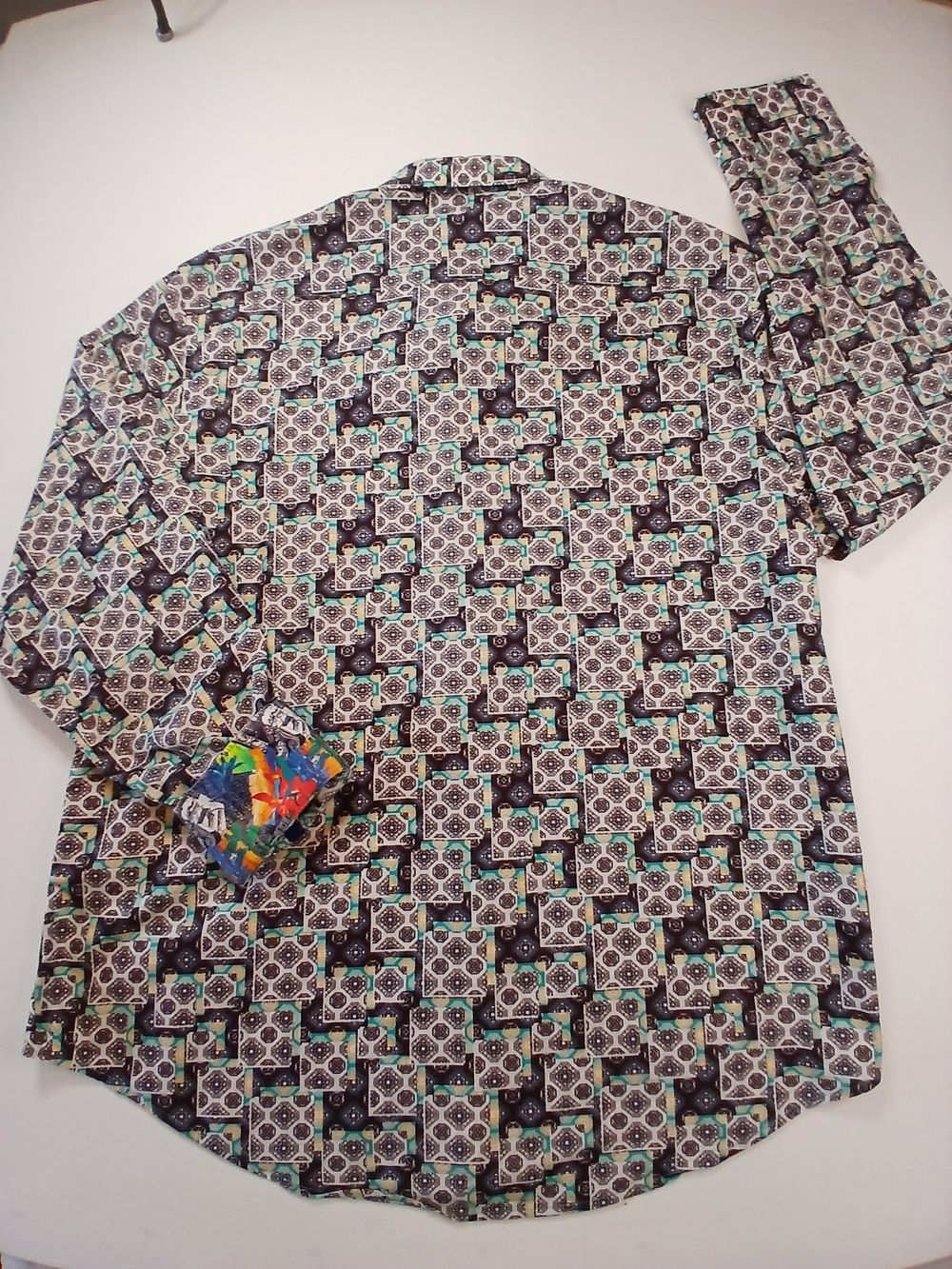 Robert Graham Black, White & Teal Geometric Mosaic Tile Print Button-Down Shirt - Picture 6 of 7